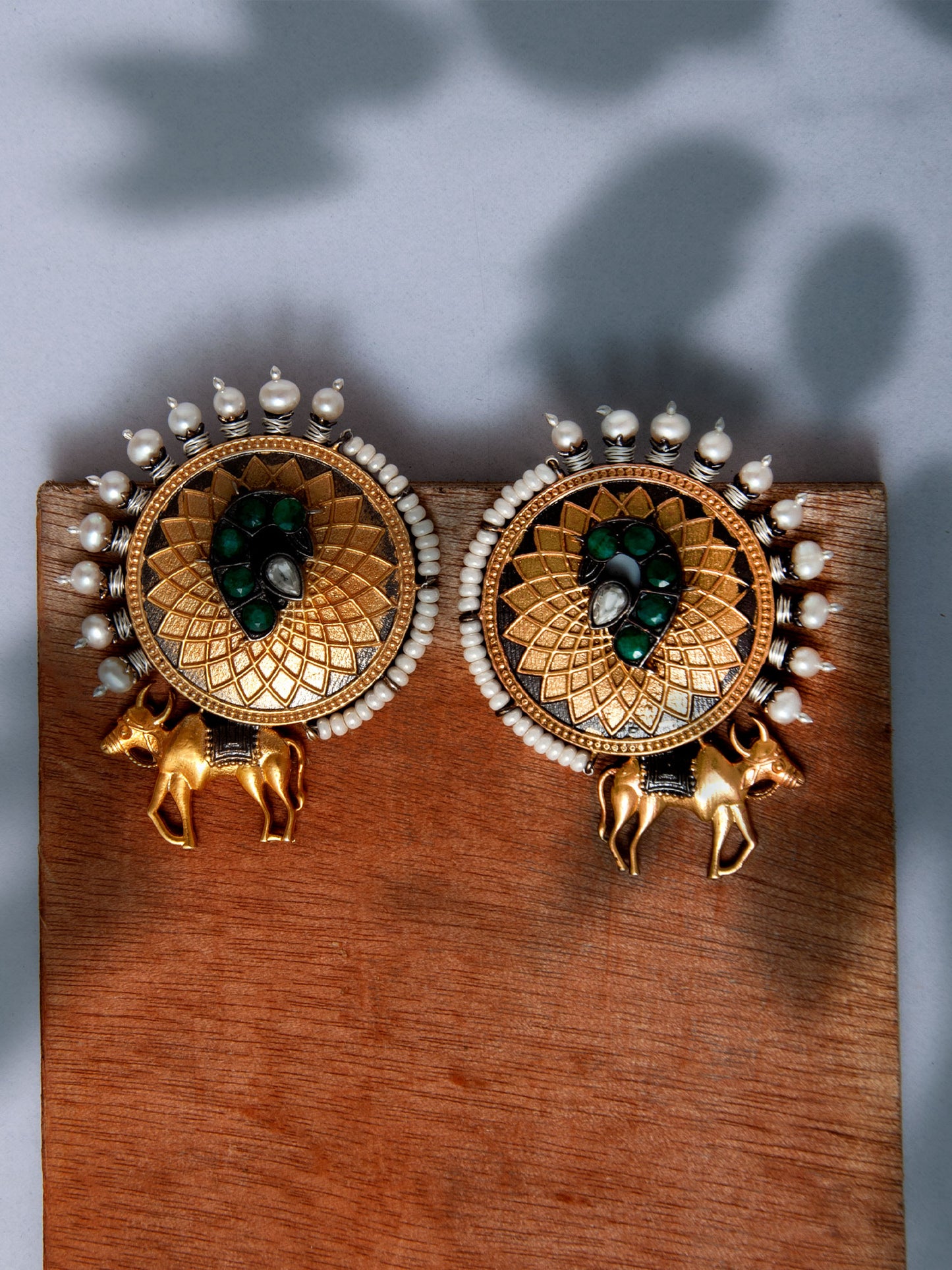 925 Sterling Silver Two Tone Gold Plated Nandi Studs Earrings With Pearl, Green Onyx and Kundan Gemstone