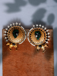 925 Sterling Silver Two Tone Gold Plated Nandi Studs Earrings With Pearl, Green Onyx and Kundan Gemstone view 3