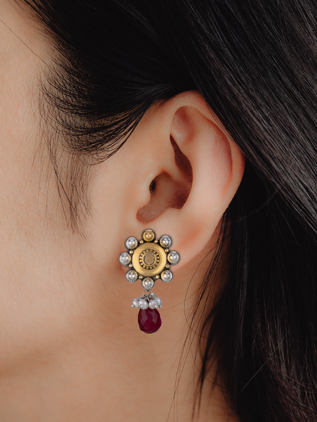 Two Toned Floral Studs with Ruby Drop