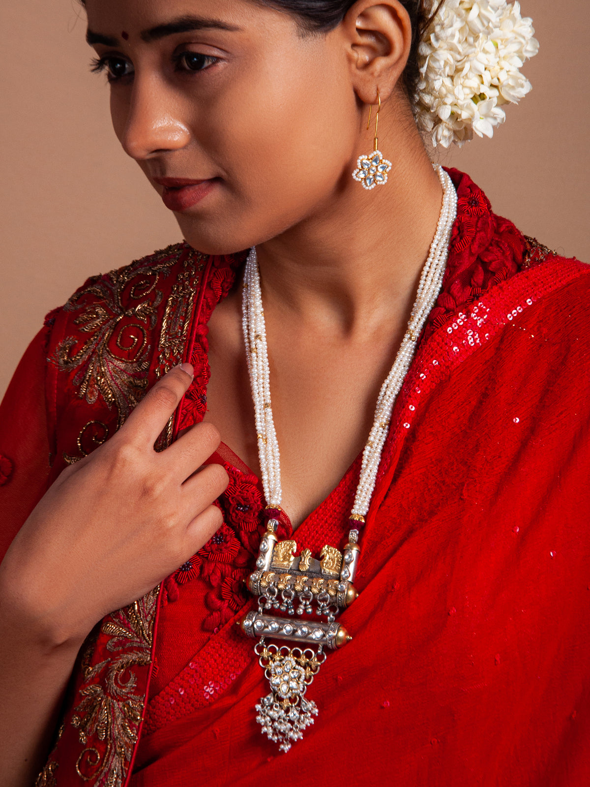 Svarnam Kundan and Pearl Long Necklace view 5