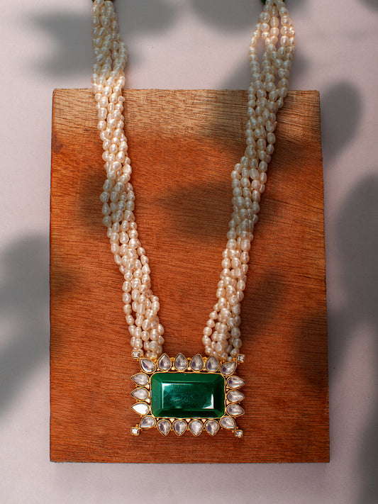 925 Sterling Silver 22K Gold Plated Pearl Beaded Necklace With Green Onyx Gemstone and White Kundan
