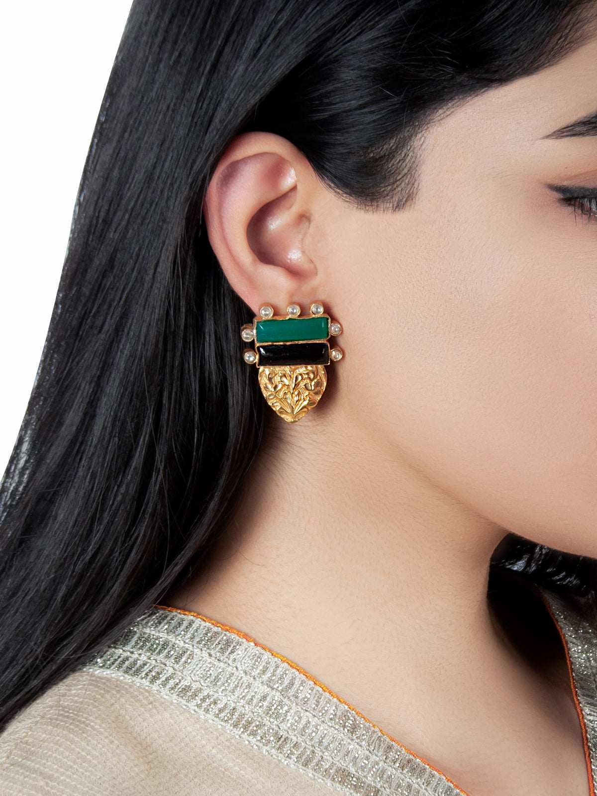 925 Sterling Silver Embossing Kundan  Earrings with Green and Black Onyx view 1