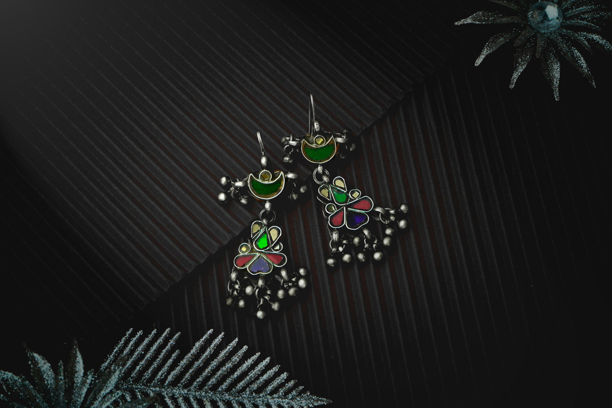 Silver Multi-Color Glass Earrings with Ghungroo view 3