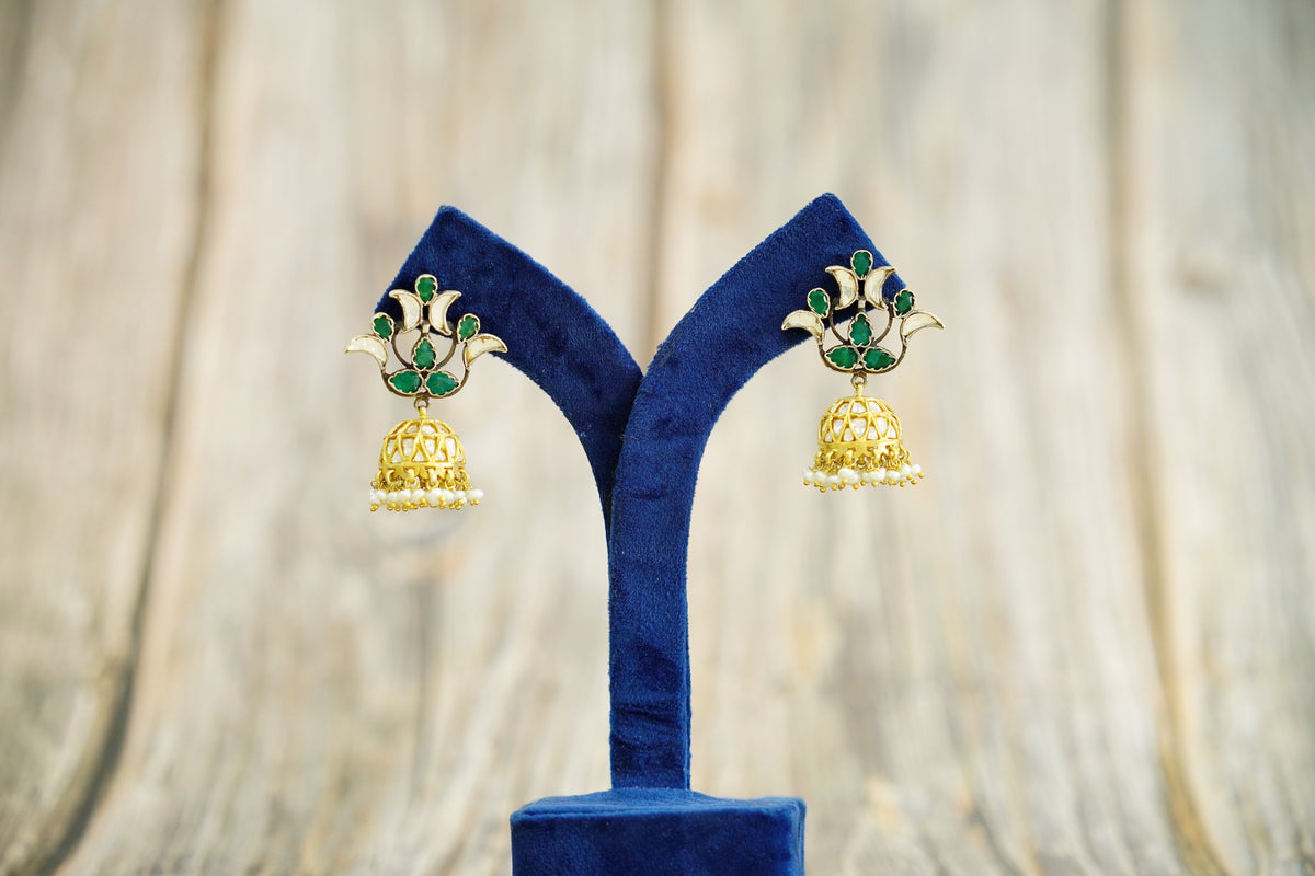 925 Silver Gold Plated Green Stone Earrings with Kundan Jhumki view 3