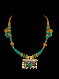 Dual Tone Green Onyx Textured Pendant Necklace with Adjustable Patwa Thread view 1