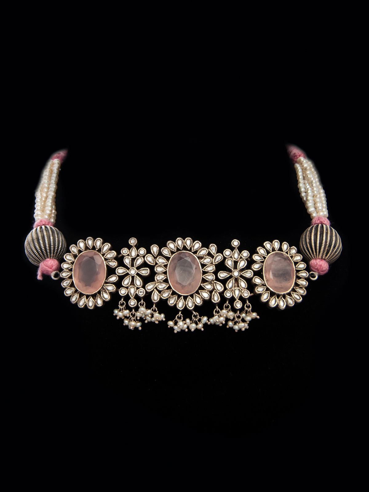 Silver Rose Quartz Kundan Choker with Pearl view 6