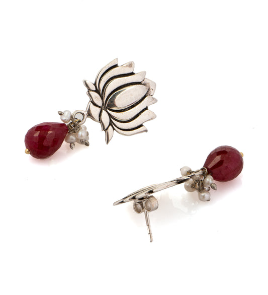 925 Sterling Silver Lotus Earrings with Ruby Drop