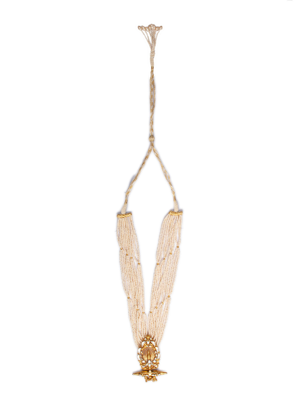 925 Sterling Silver 22K Gold Plated Pearl Beaded Peacock Design Statement Necklace With White Kundan view 6