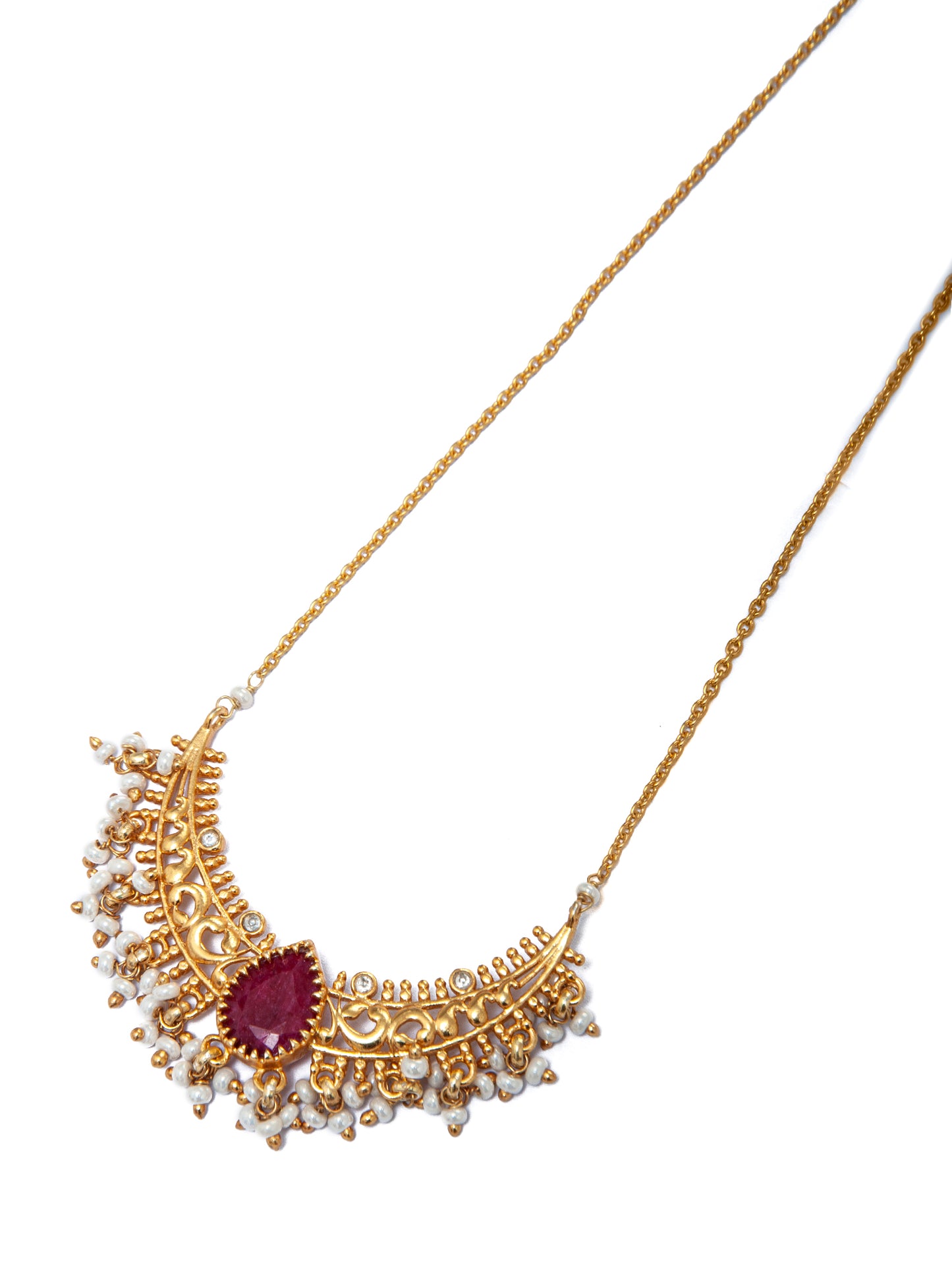 925 Sterling Silver Gold Plated Necklace with Ruby and Pearl\