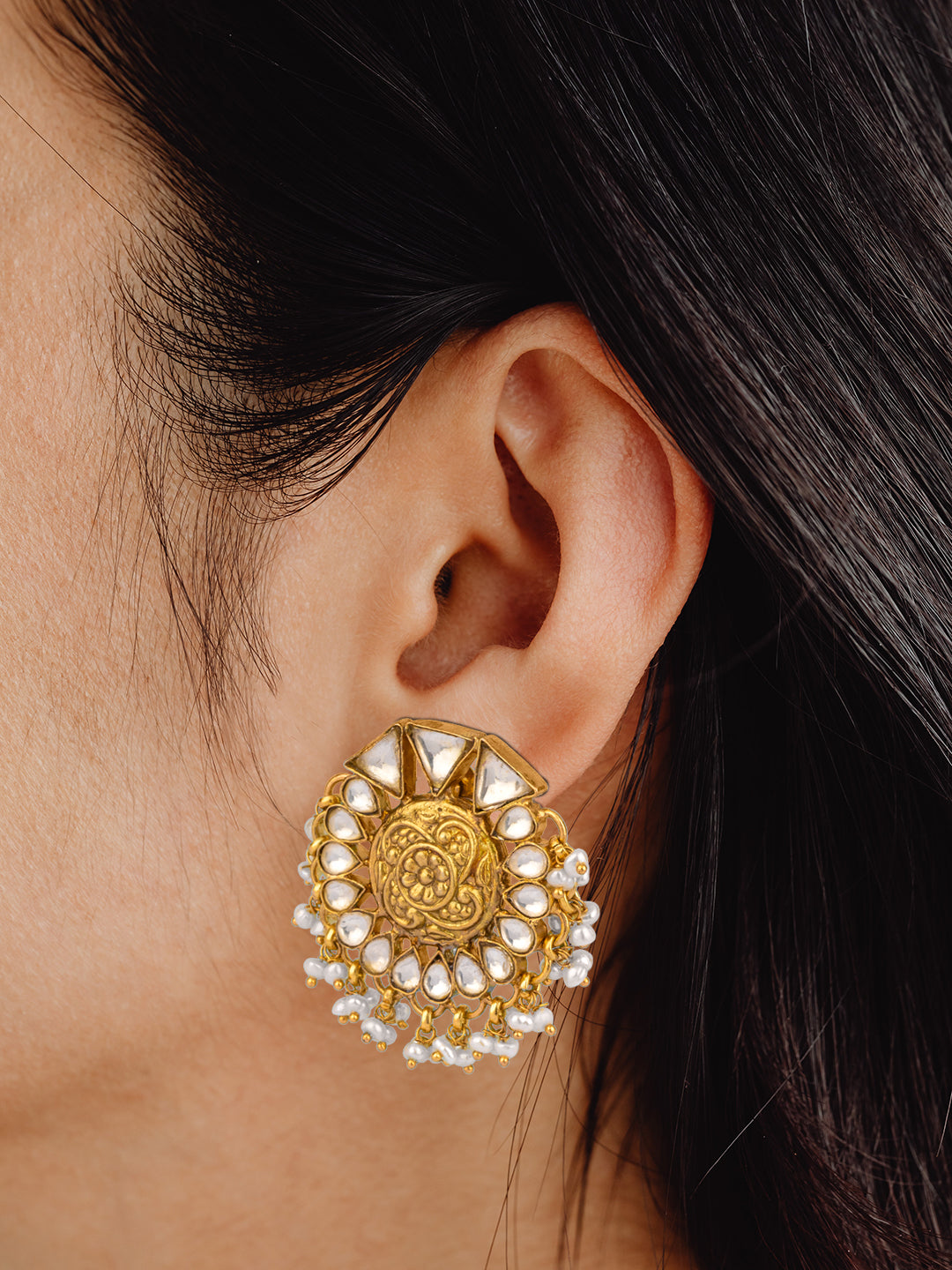 925 Sterling Silver Gold Plated Floral Chitai Earrings view 2