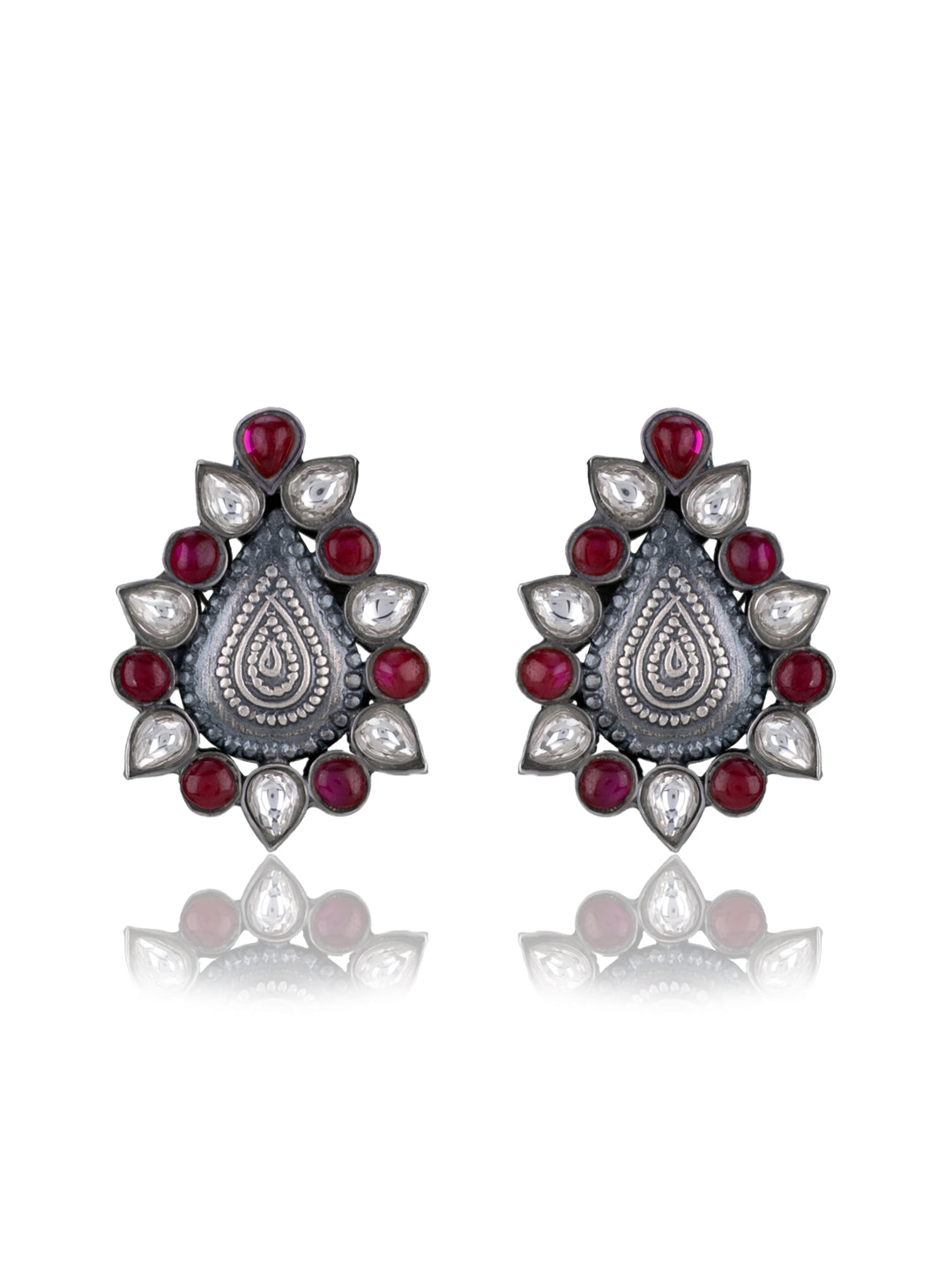925 Sterling Silver Paan Studs with Kundan and Ruby view 1