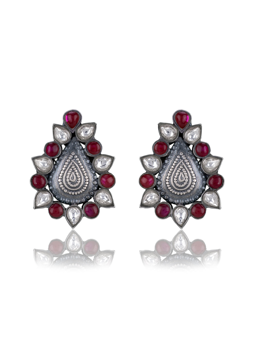 925 Sterling Silver Paan Studs with Kundan and Ruby