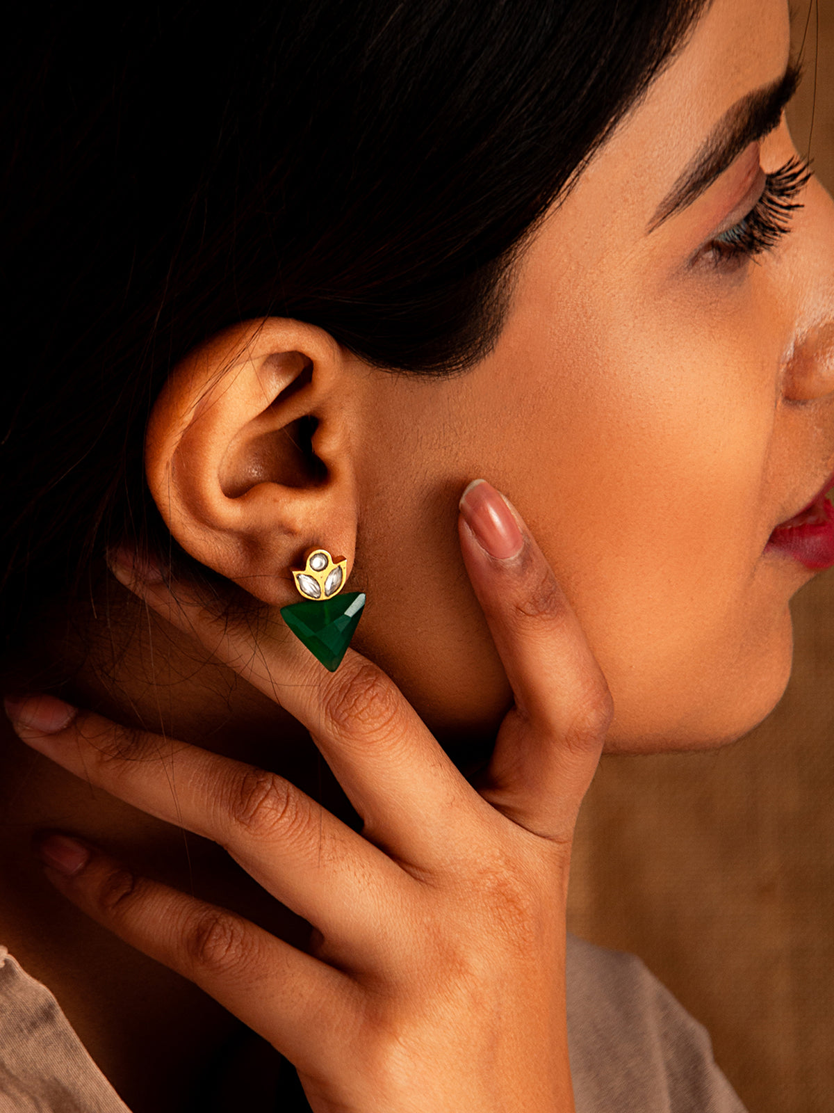Aurora Green Onyx Triangle Studs view 1