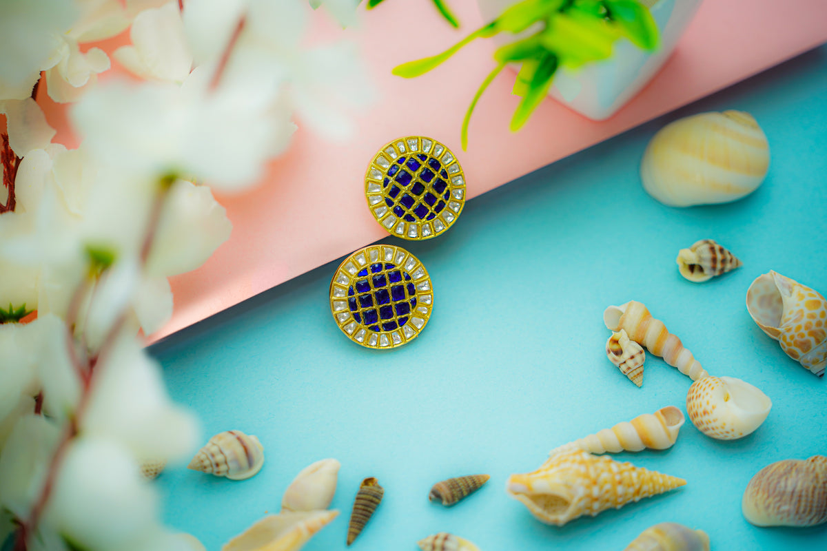 925 Silver Gold Plated Button Shaped Stud Earrings view 1