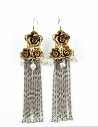 Floral Two-Toned Long Earrings with Pearl view 2