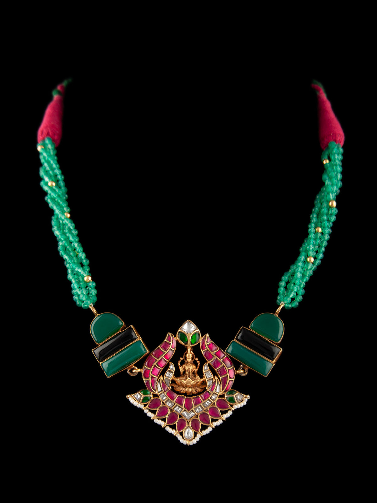 925 Sterling Silver 22K Gold Plated Green Onyx, Black Onyx Gemstone Necklace With Pink and White Kundan view 5