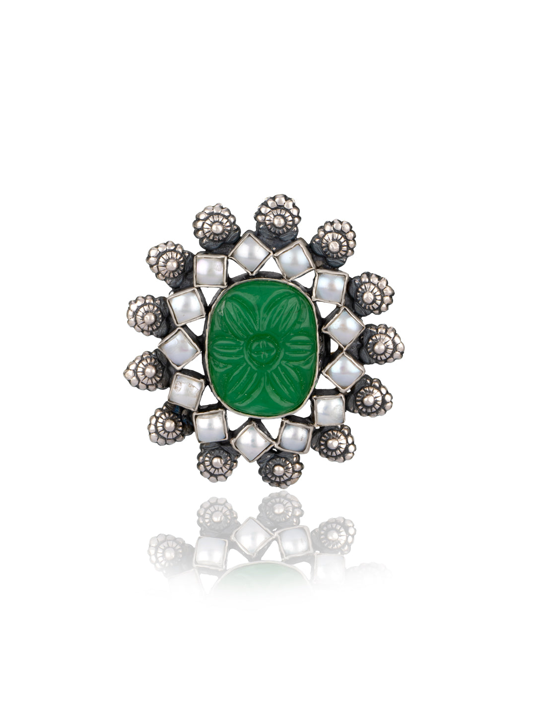 Pearl Green Carved Stone Adjustable Ring view 1