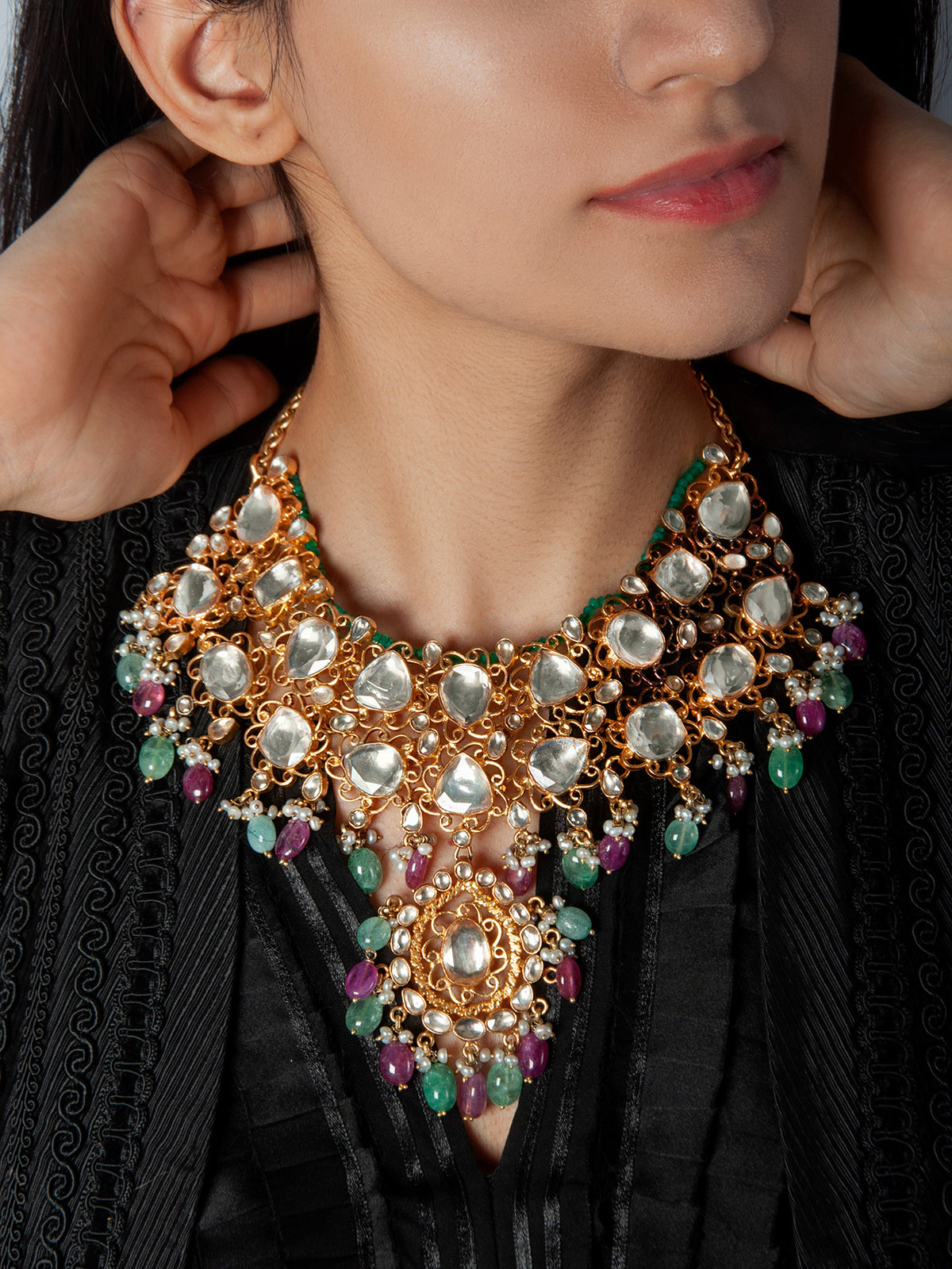 925 Sterling Silver 22K Gold Plated White Kundan Necklace With Green Quartz, Ruby and Pearl view 1
