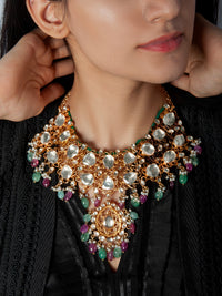 925 Sterling Silver 22K Gold Plated White Kundan Necklace With Green Quartz, Ruby and Pearl view 1