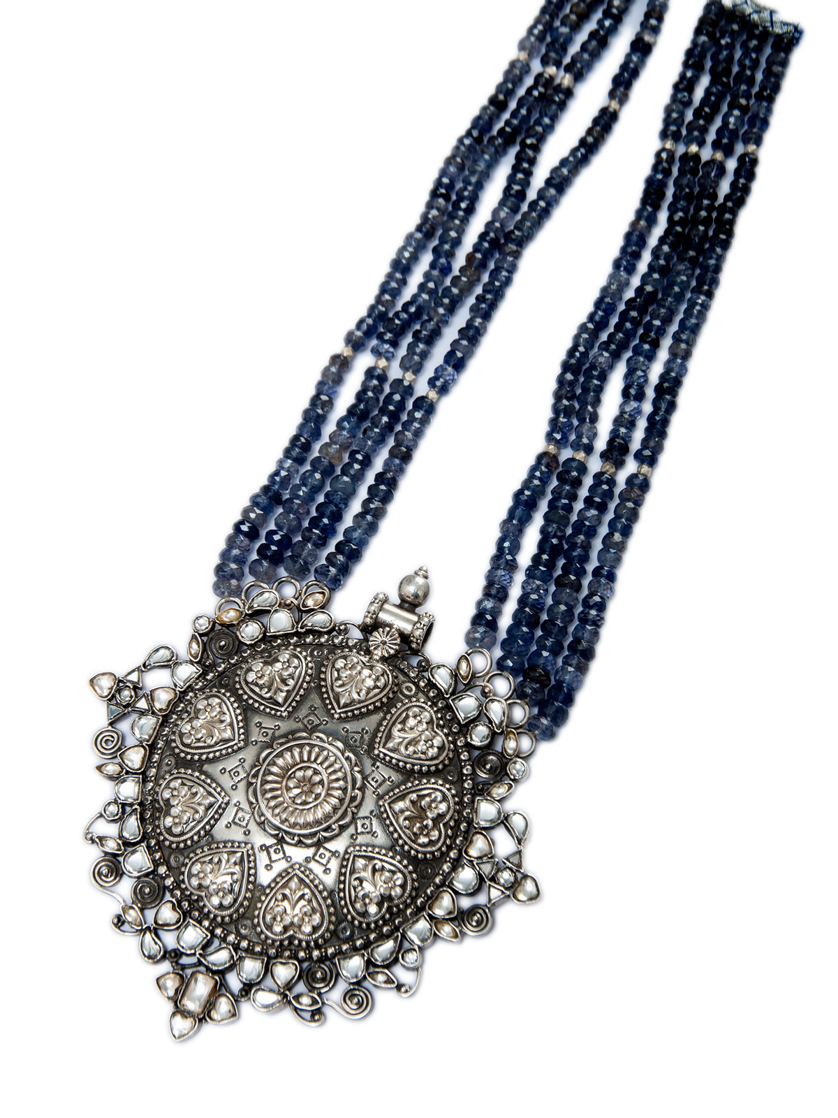 925 Sterling Silver AAA+ Quality Iolite Gemstone Beaded Necklace With Kundan and Pearl view 6