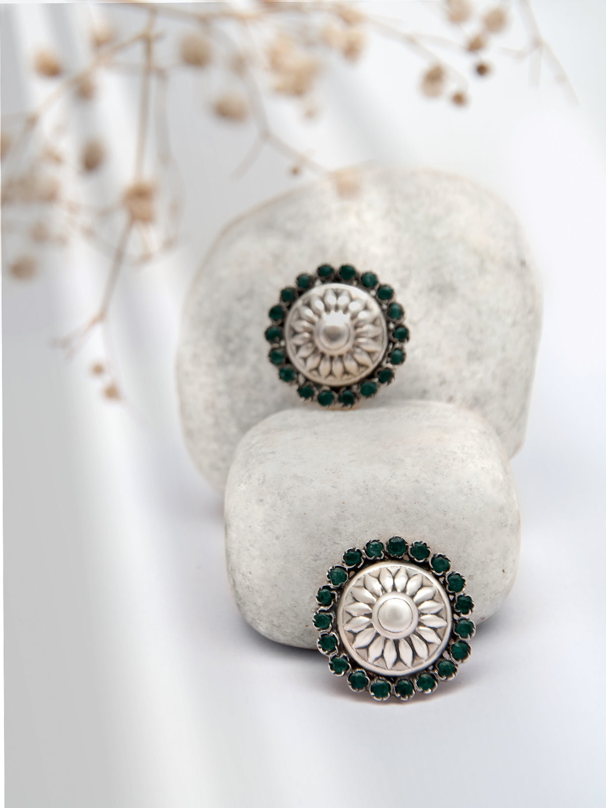 Silver Green Onyx Sunflower Studs view 1