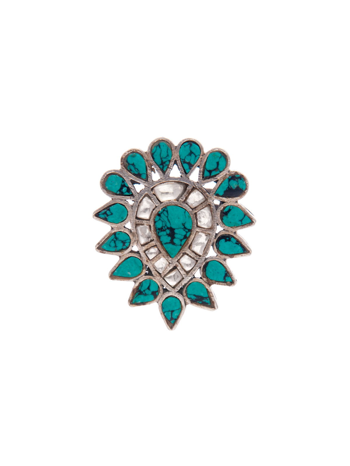 Silver Turquoise Kundan Adjustable Ring view 4