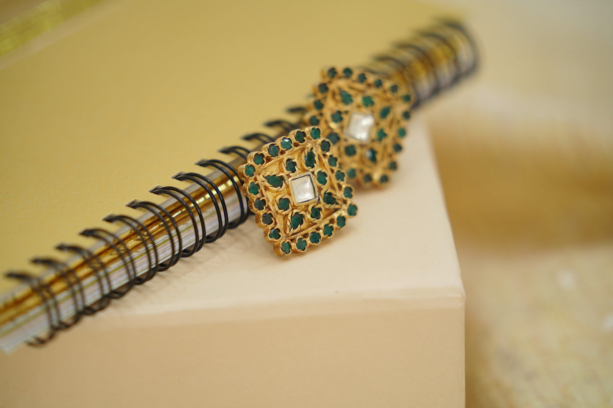 925 Silver Gold Plated Studs with Natual Green Gemstones view 1