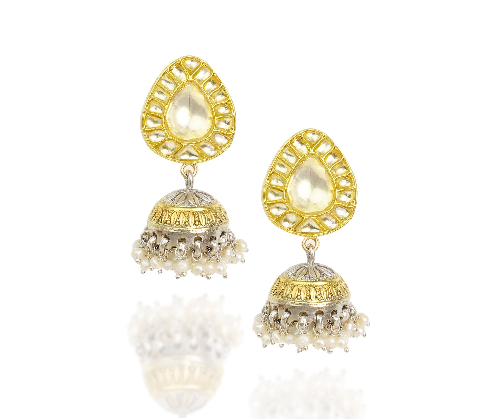 925 Silver Gold Plated White Kundan Paan Jhumki Earrings - Neeta Boochra Jewellery