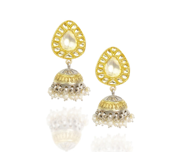 925 Silver Gold Plated White Kundan Paan Jhumki Earrings