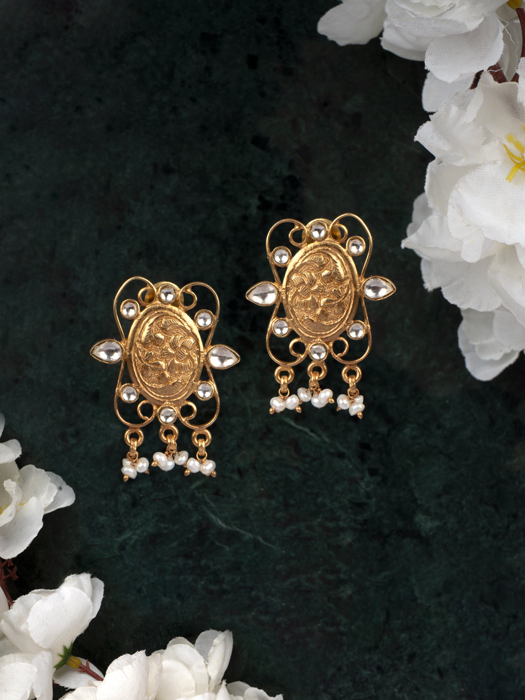 925 Sterling Silver Gold Plated Chitai Earrings with Kundan view 3