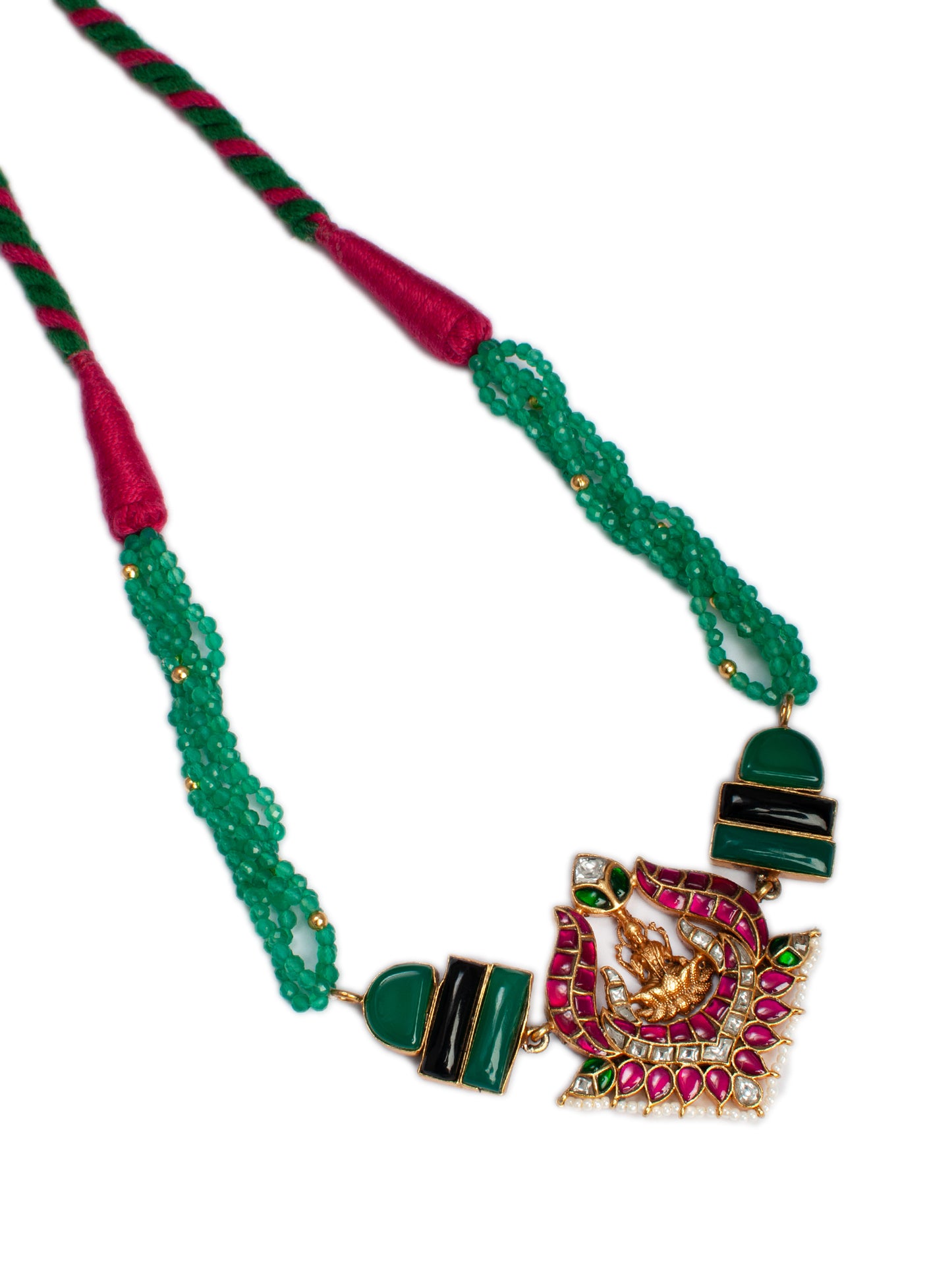 925 Sterling Silver 22K Gold Plated Green Onyx, Black Onyx Gemstone Necklace With Pink and White Kundan