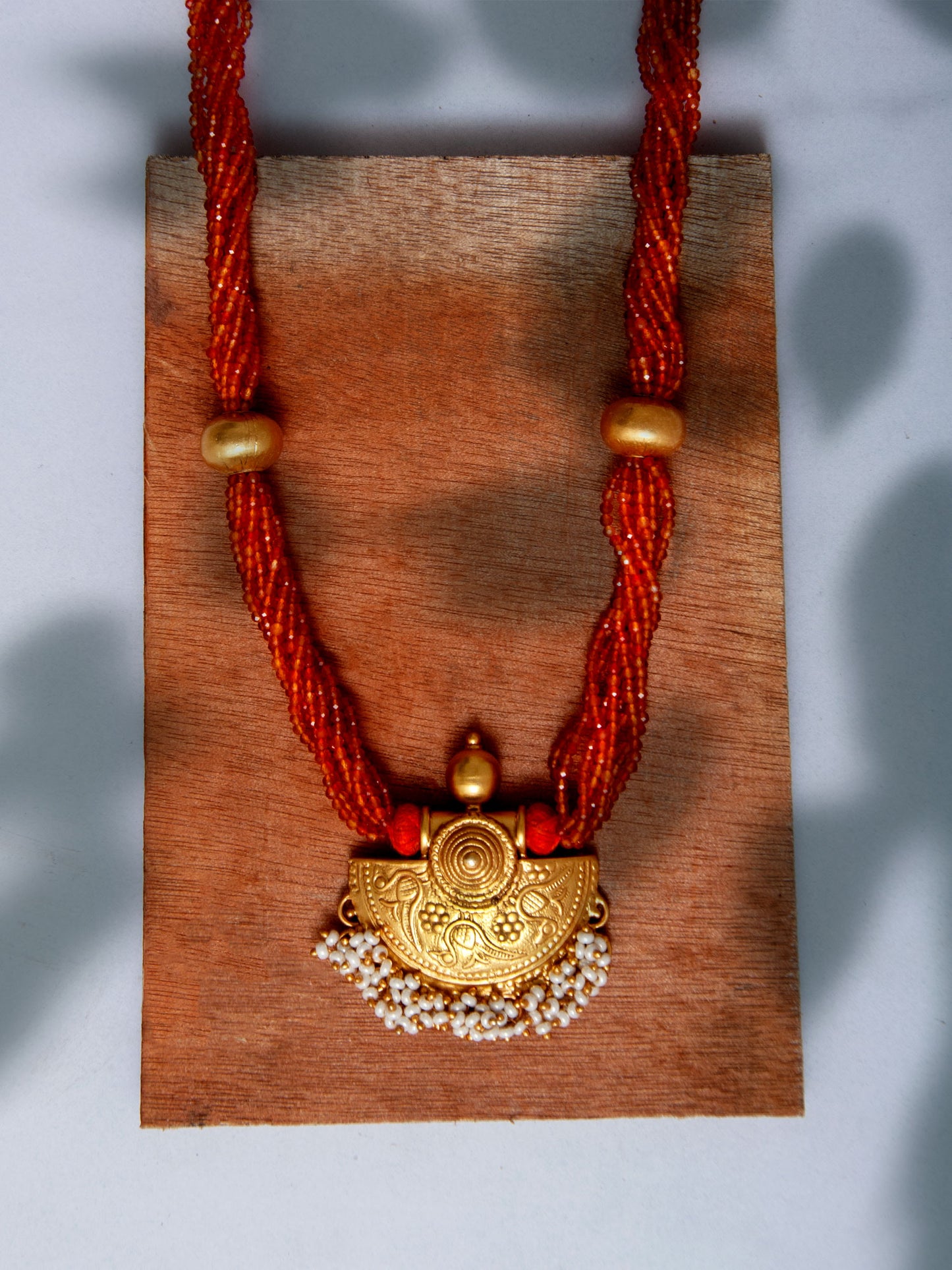 925 Sterling Silver 22K Gold Plated Necklace With Carnelian Beads and Pearl