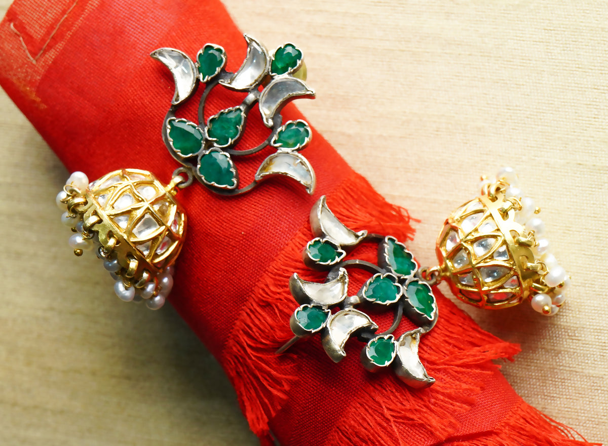 925 Silver Gold Plated Green Stone Earrings with Kundan Jhumki view 5