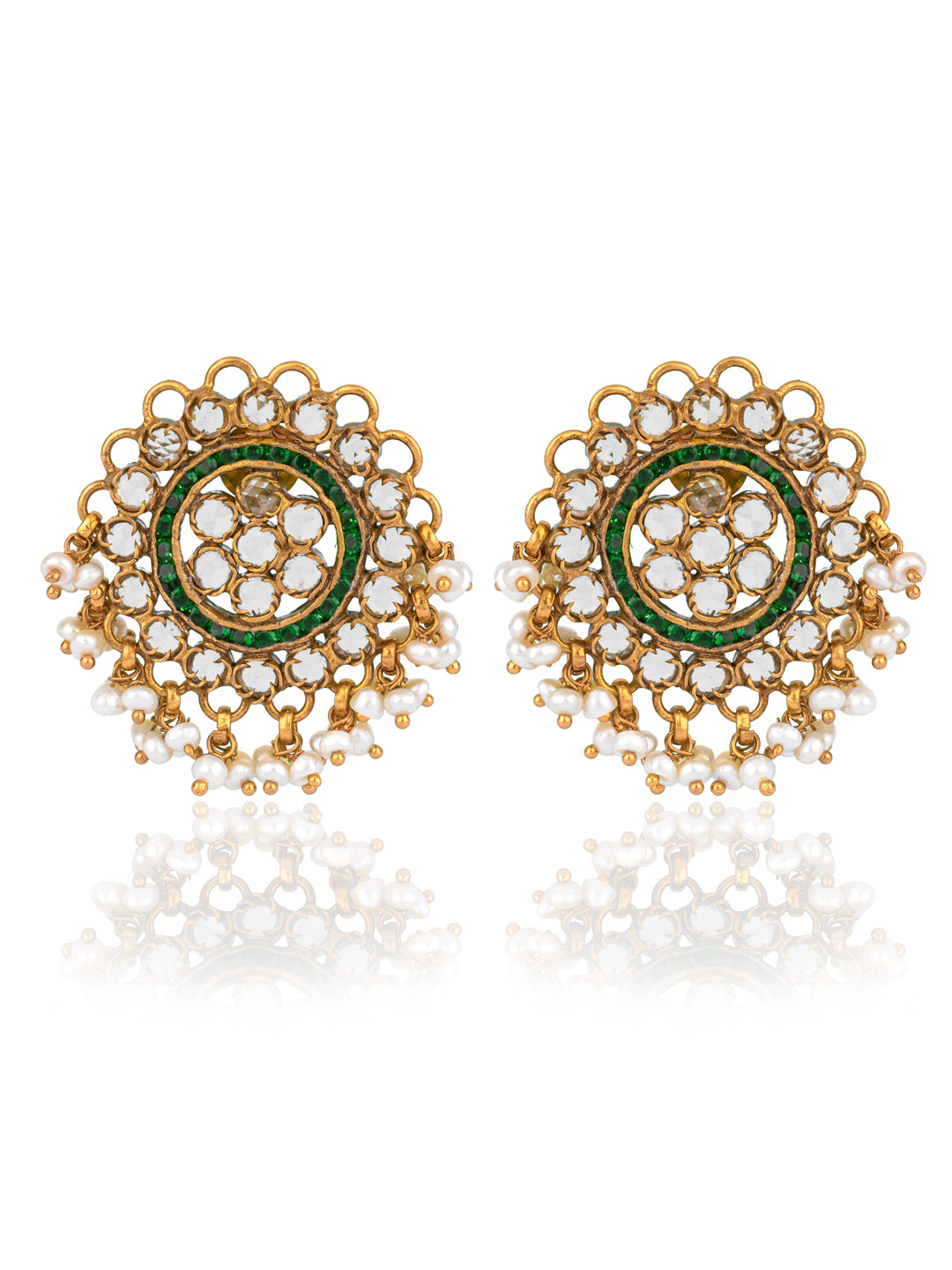 925 Sterling Silver Gold Plated Checker Earrings with Pearl view 1