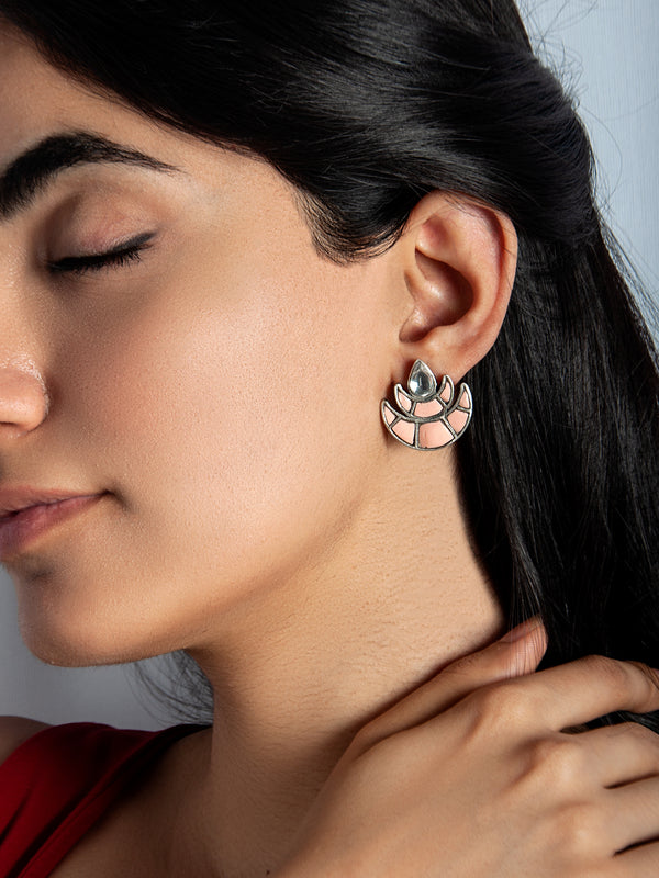 925 Sterling Silver Double Chaand Earrings with Kundan