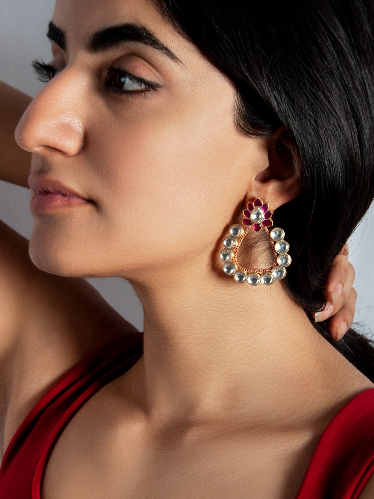 925 Sterling Silver White and Red Kundan Floral Earrings