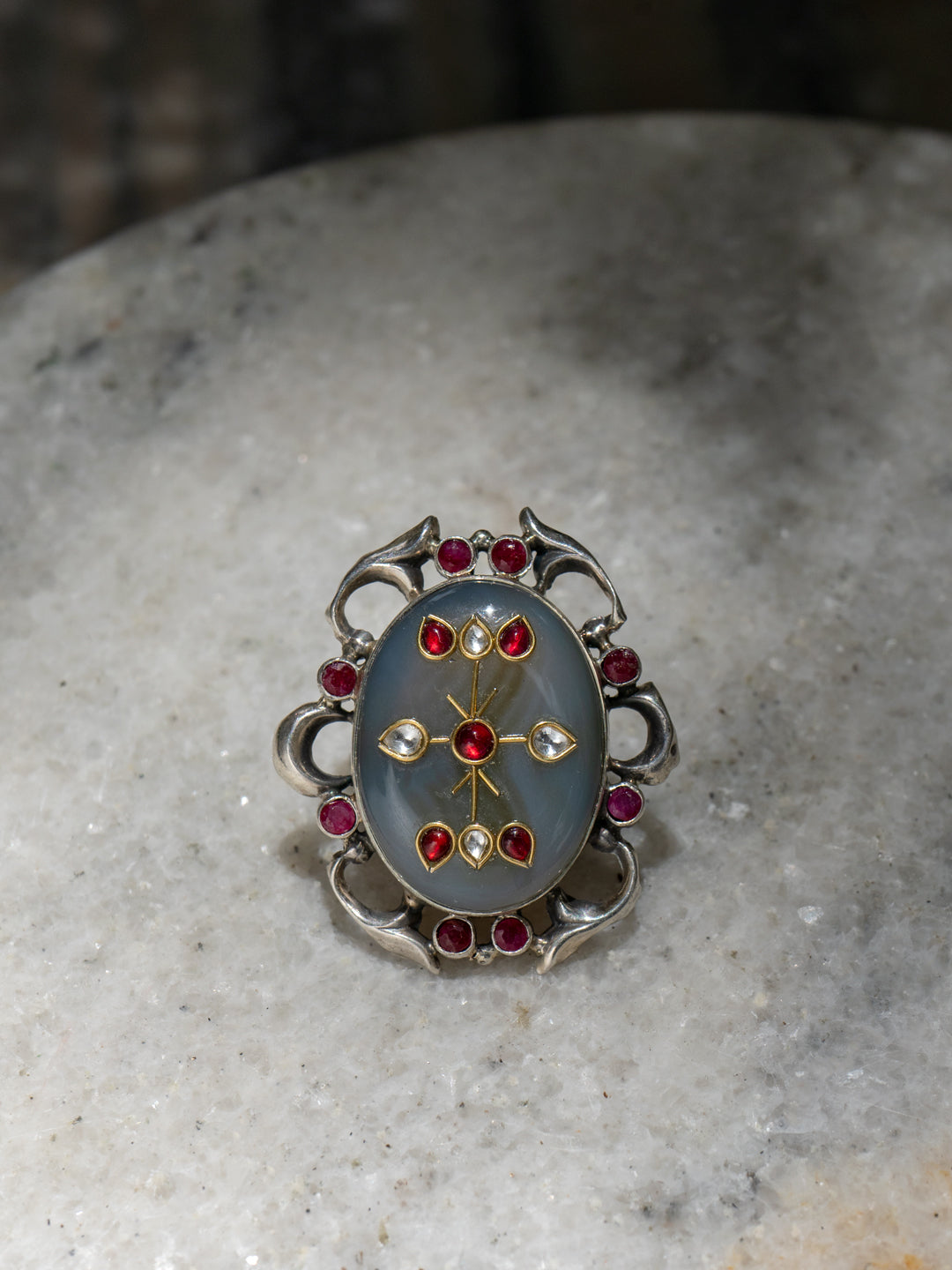 Multicolored Adjustable Ring with Intricate Kundan Work on Natural Gemstone view 1