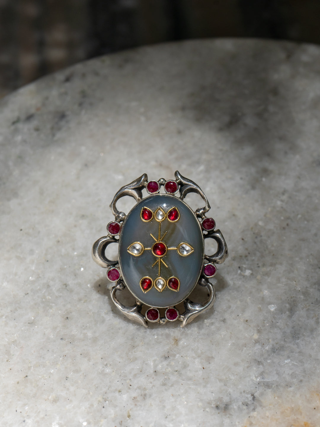 Multicolored Adjustable Ring with Intricate Kundan Work on Natural Gemstone