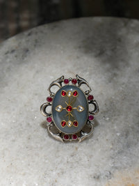 Multicolored Adjustable Ring with Intricate Kundan Work on Natural Gemstone view 1