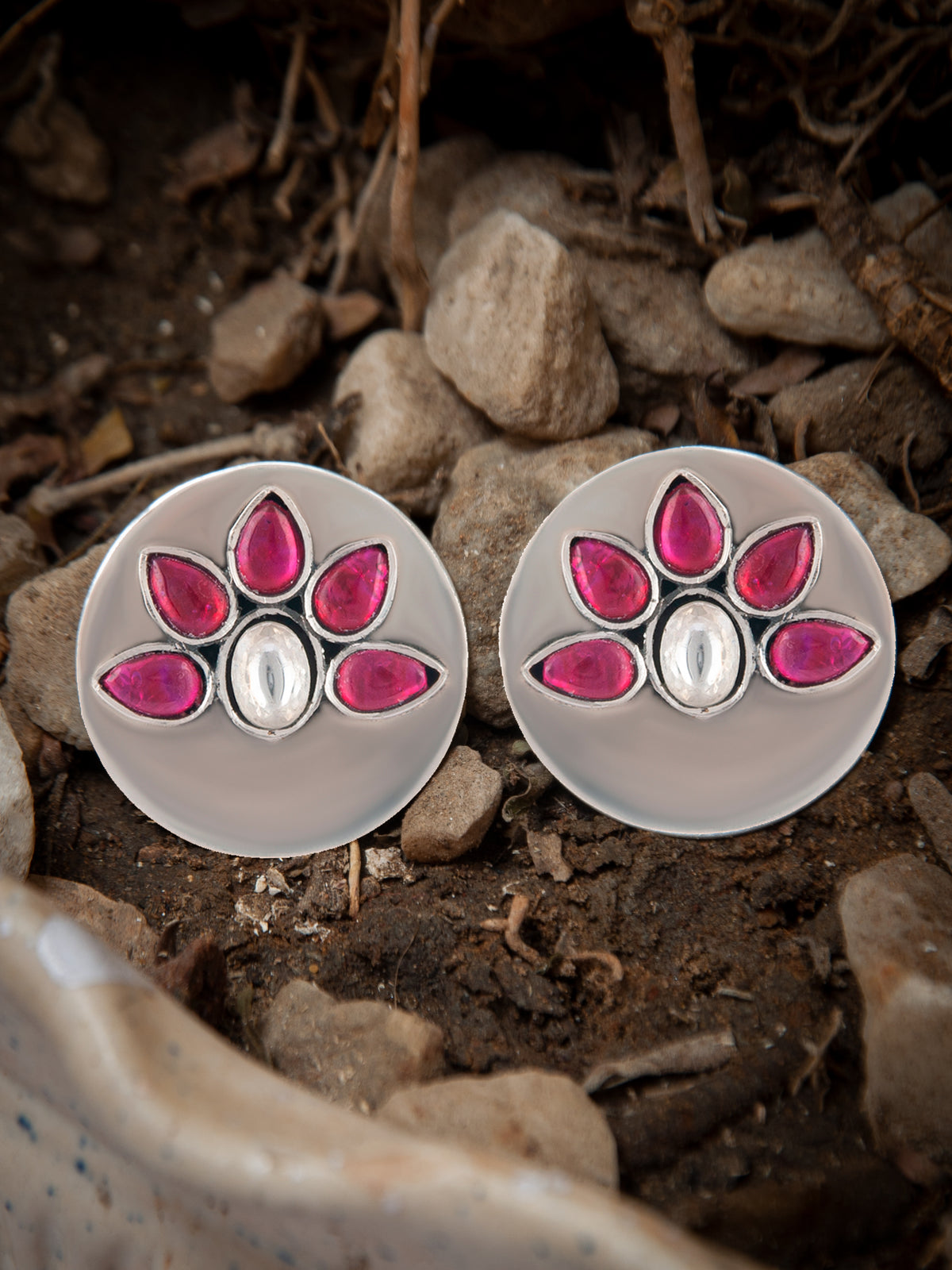 925 Sterling Silver Pink and White Kundan Studs view 2