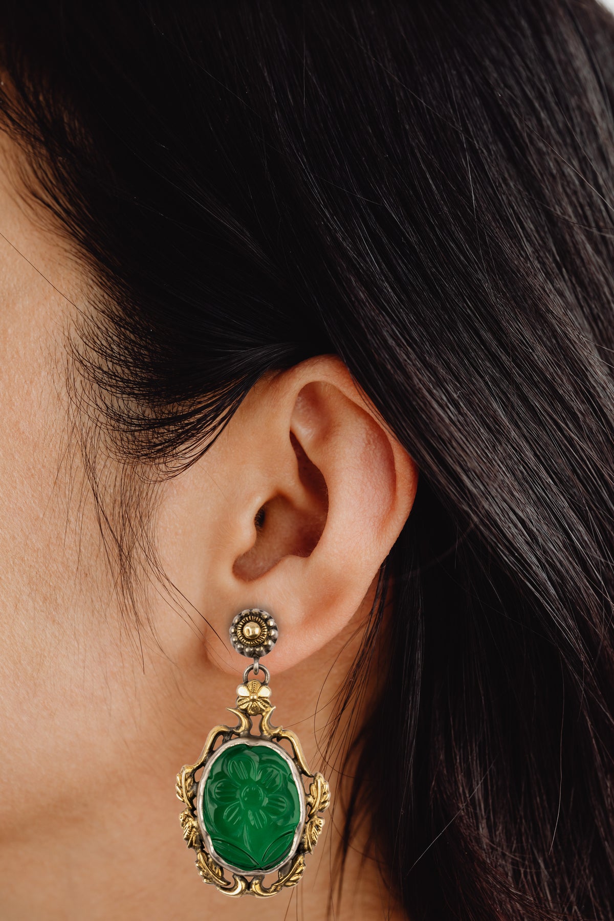 925 Sterling Silver Two Tone Earrings with Carved Stone view 3
