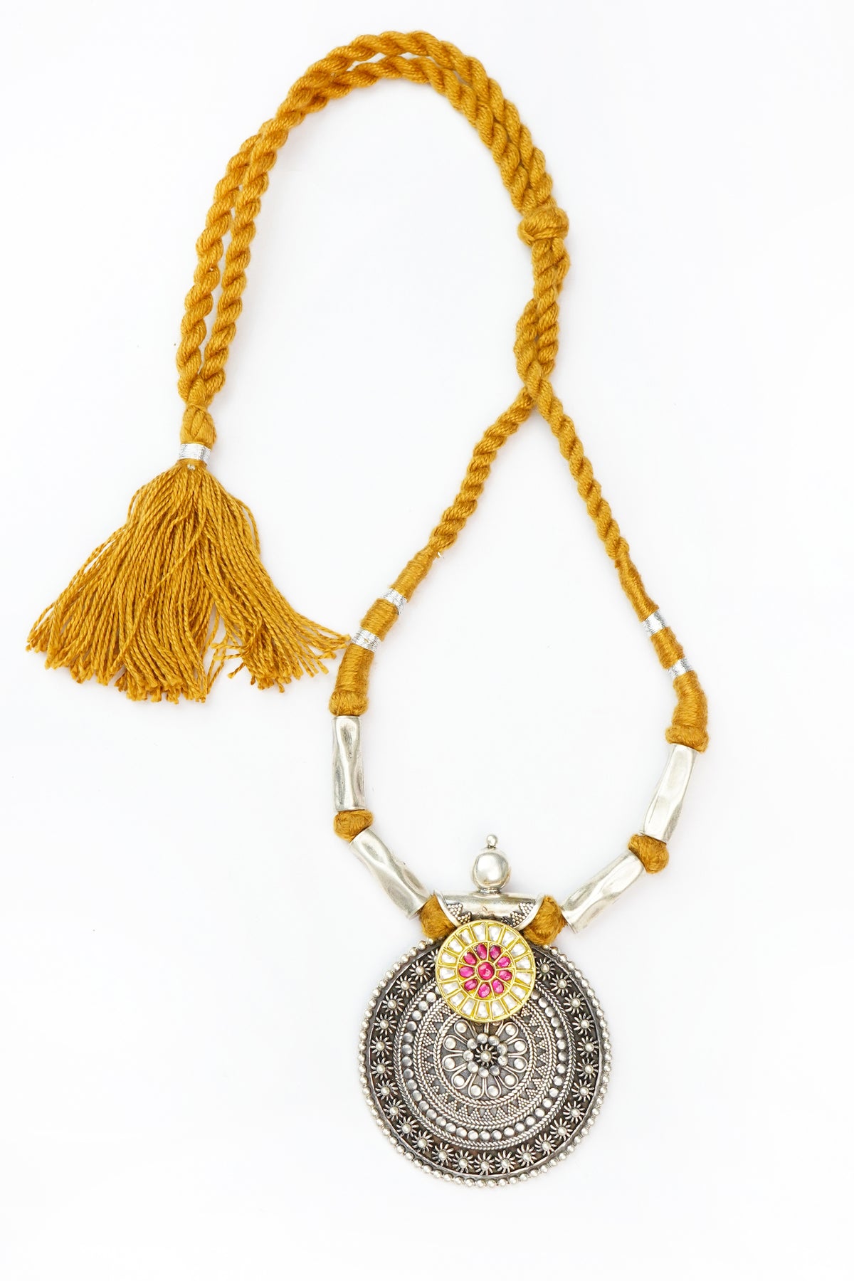 Silver Rawa Necklace with Brown Patwa Thread and Signature Kundan Motif view 1