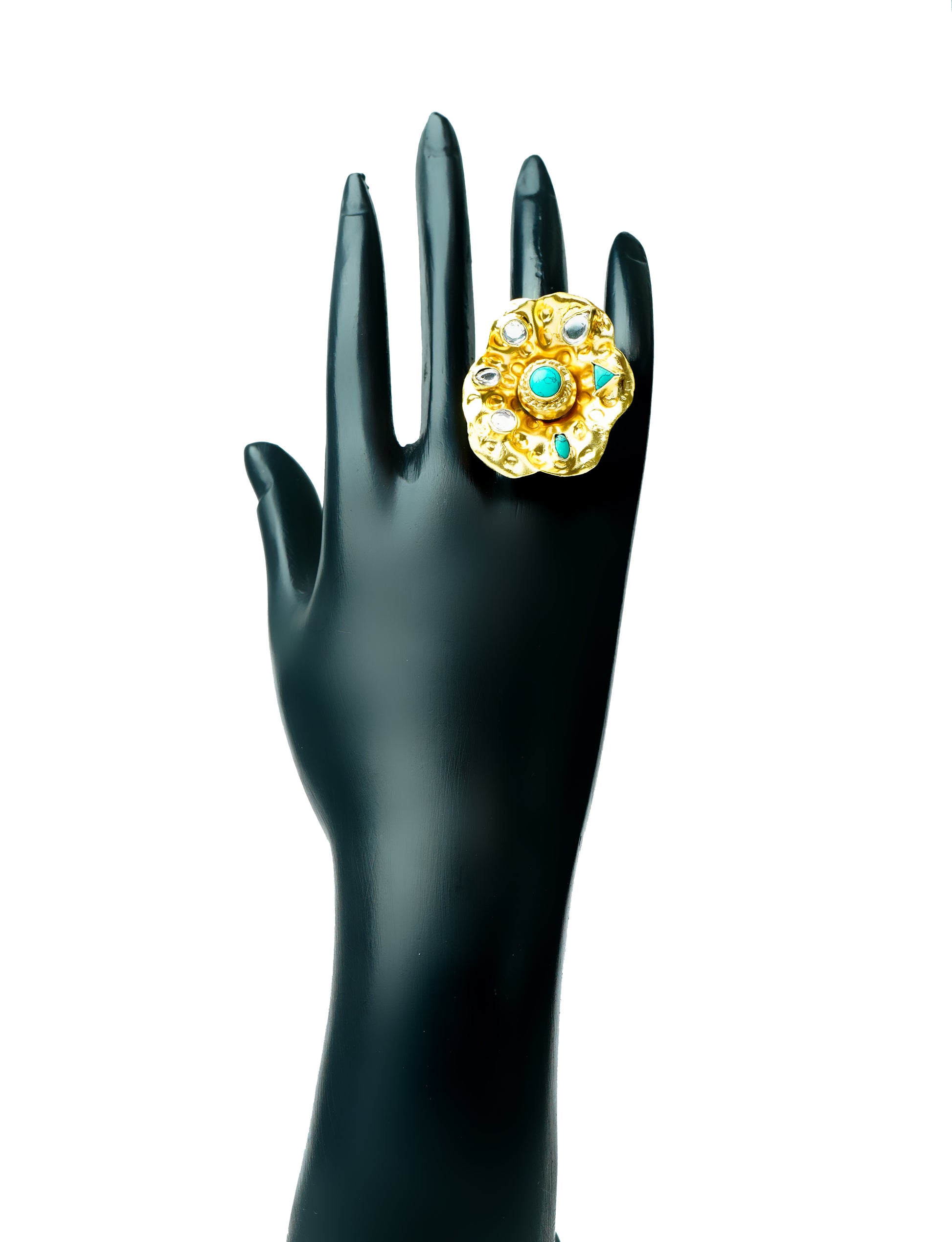 Silver Gold Plated Modern Ring with Turquoise and Kundan - Neeta Boochra Jewellery