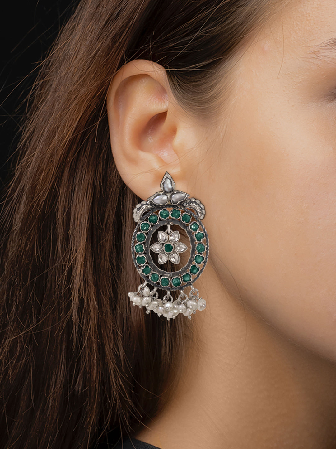 Floral Green Onyx and Pearl Earring view 2