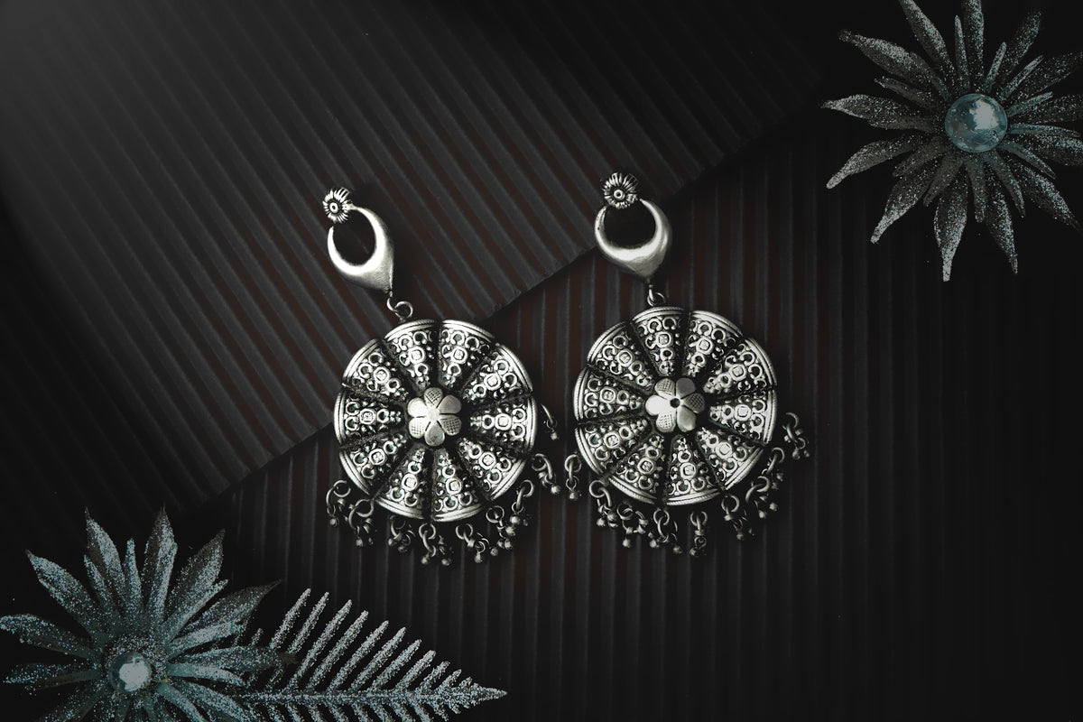 Silver Floral Rawa Earrings with Ghungroos view 3