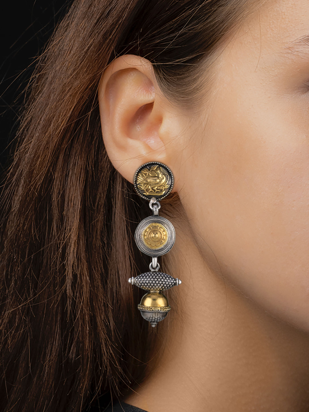 Intricate Two Toned Dangler Earrings with Dumroo Beads view 2