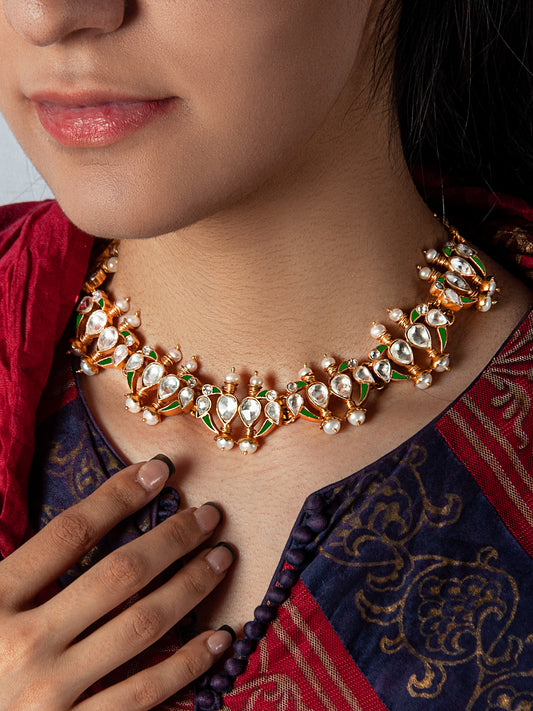 925 Sterling Silver 22K Gold Plated Parrot Necklace With White Kundan Green Kundan and Pearl