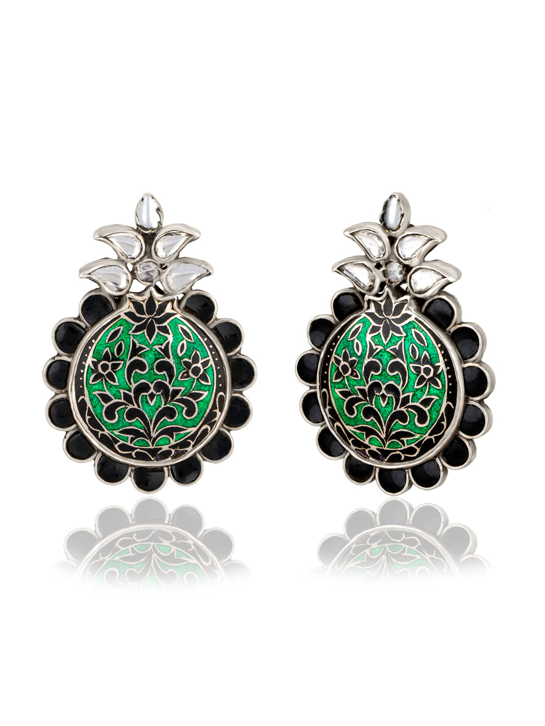 925 Sterling Silver Meenakari Earrings with Kundan view 1