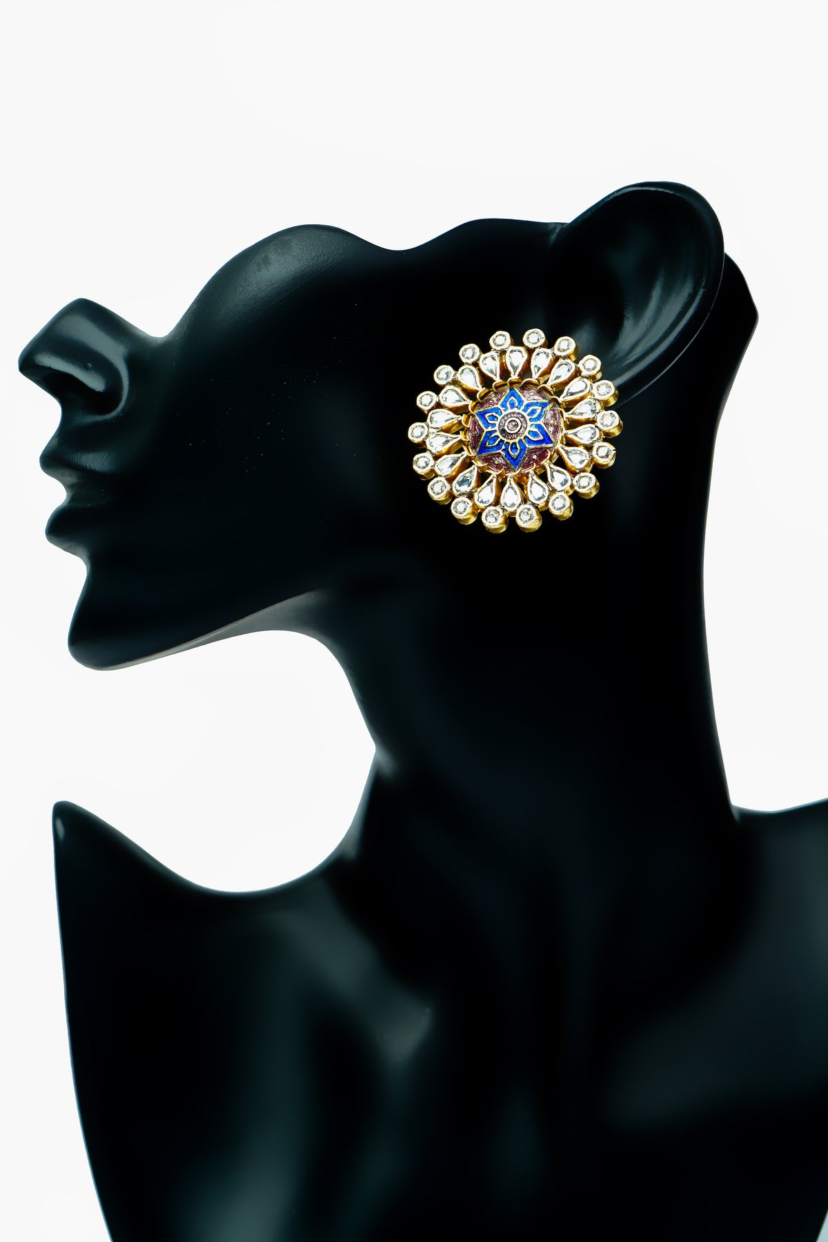 Silver Meenakari Stud Earrings with Checker and Kundan view 4