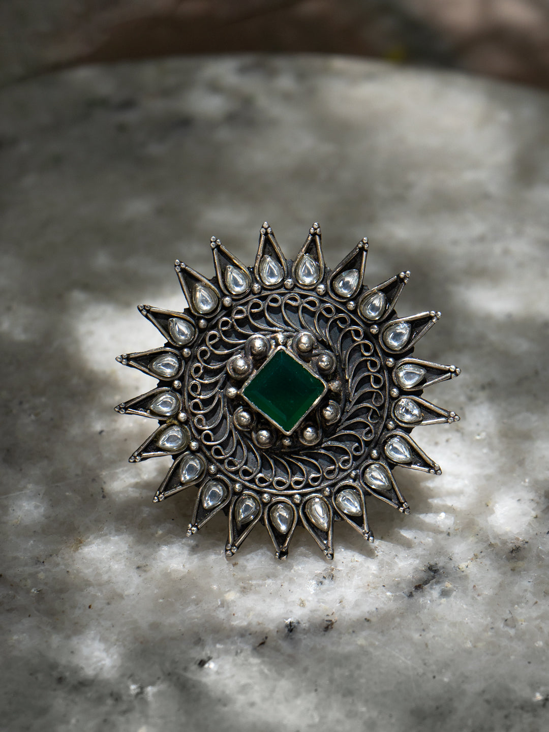 Star Silver Ring with Kundan and Green Onyx view 1